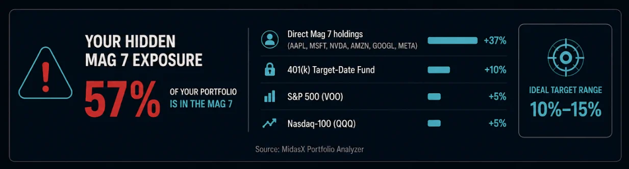 Your hidden Mag 7 exposure: 57% of your portfolio is in the Mag 7. Direct Mag 7 holdings (AAPL, MSFT, NVDA, AMZN, GOOGL, META) +37%, 401(k) target-date fund +10%, S&P 500 (VOO) +5%, Nasdaq-100 (QQQ) +5%. Ideal target range 10 to 15%. Source: MidasX Portfolio Analyzer.
