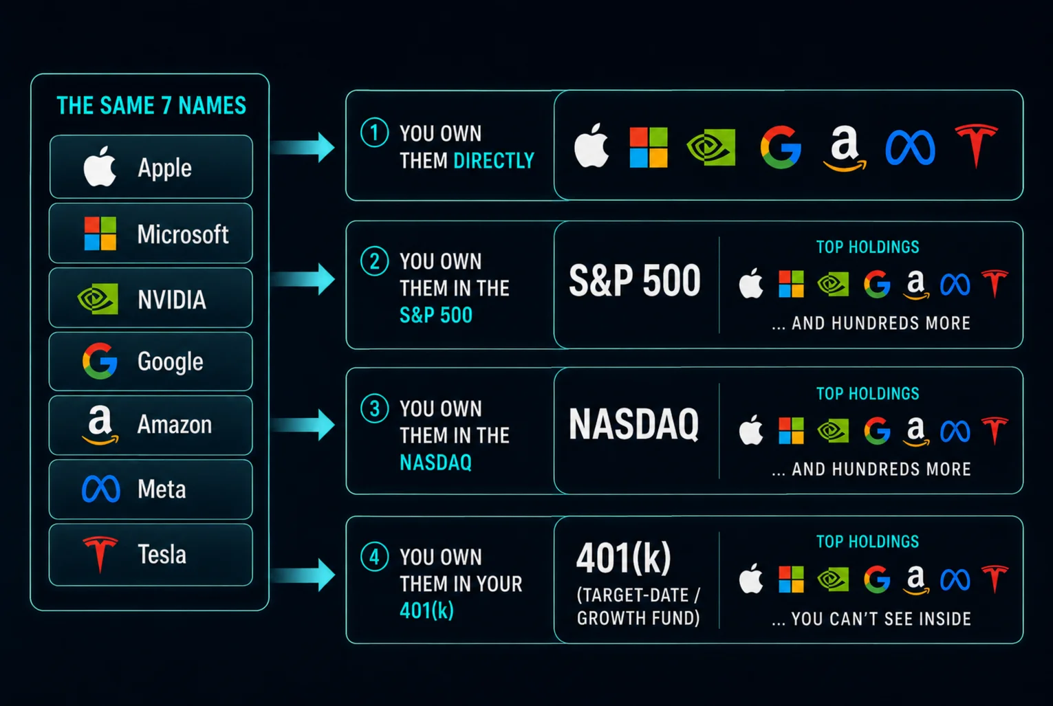 The same seven names — Apple, Microsoft, Nvidia, Google, Amazon, Meta, Tesla — show up four times: owned directly, as the top holdings of the S&P 500, the top holdings of the NASDAQ, and inside your 401(k) target-date and growth funds.